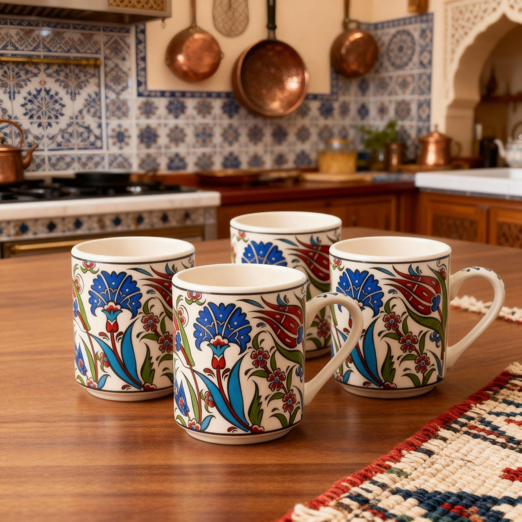 Set of 4 Handmade in Türkiye Ceramic Botanical Mugs - 9 Styles Available