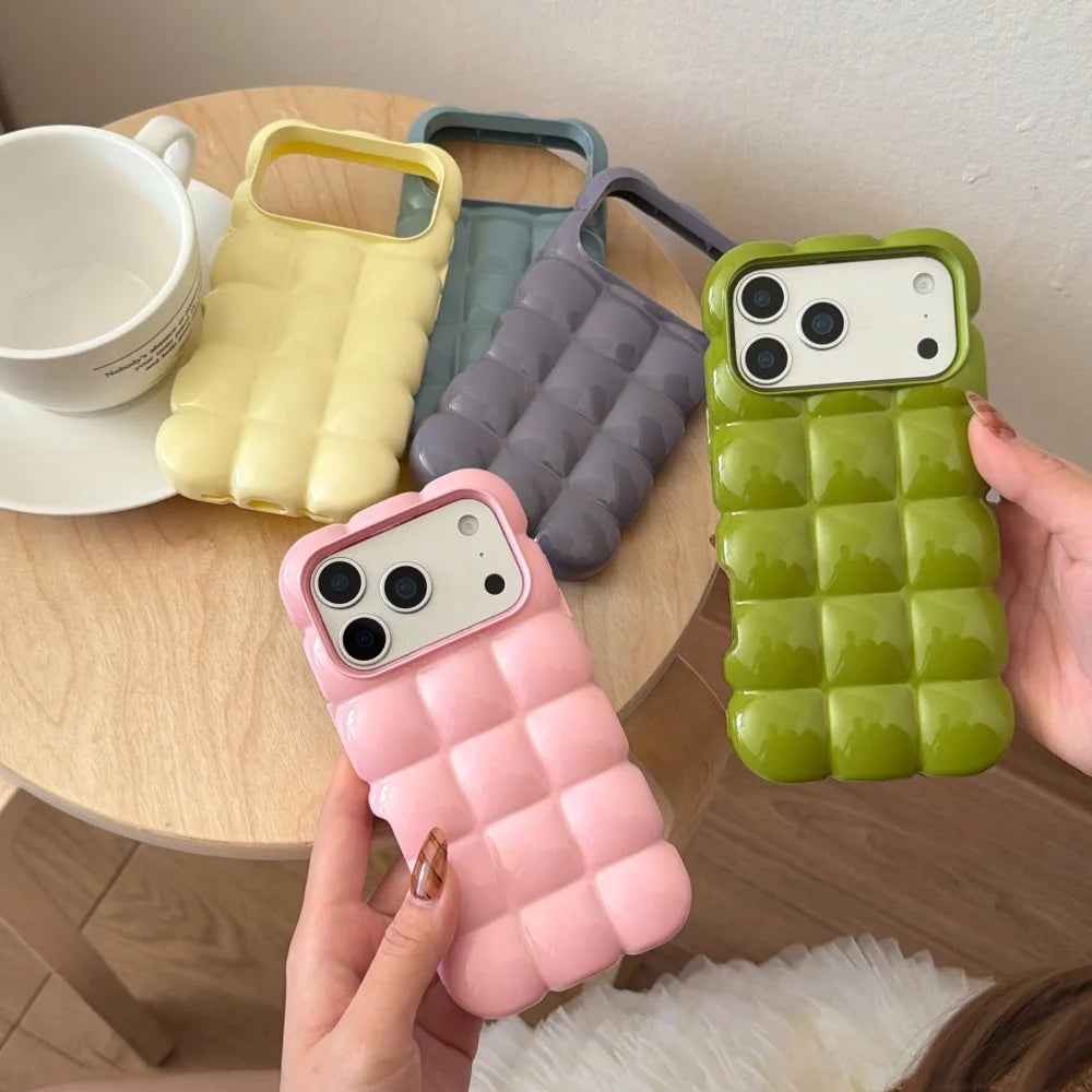Cartoon Lattice 3D Block Plating Case for iPhone 17 16 15 Pro Max 14 12 13 11 Glossy Candy Solid Color Shockproof Soft TPU Cover