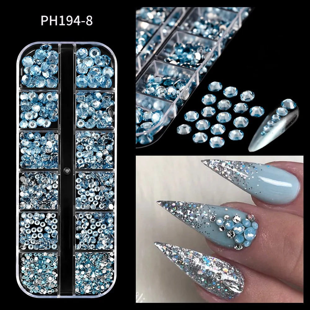 12 Grids Mixed Size Luxury Nail Rhinestones Set 3D Resin AB Crystal Round Glass Bead Gems Nail Art Charms 2mm-6mm Nail Diamond