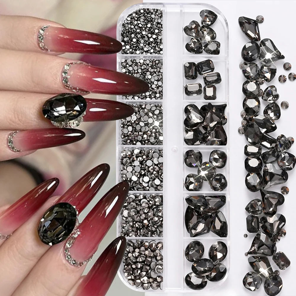 12Grids 3D Clear Glass Mutil-Shapes Nail Rhinestones + SS6-SS16 Round Diamond Crystals Luxury Heart Square Nail Art Gems Decorat