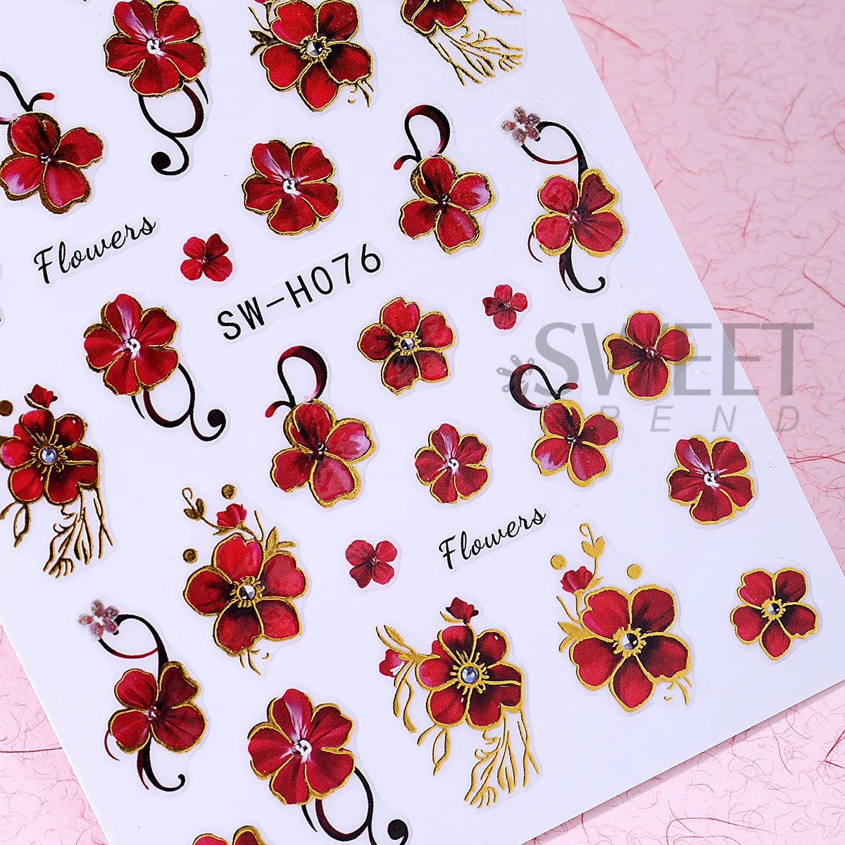 2pcs Bronzing Luxury Red Flowers Nail Stickers 3D Metallic Golden Line Vine Blooming Floral Adhesive Decals Manicure Foils Wraps