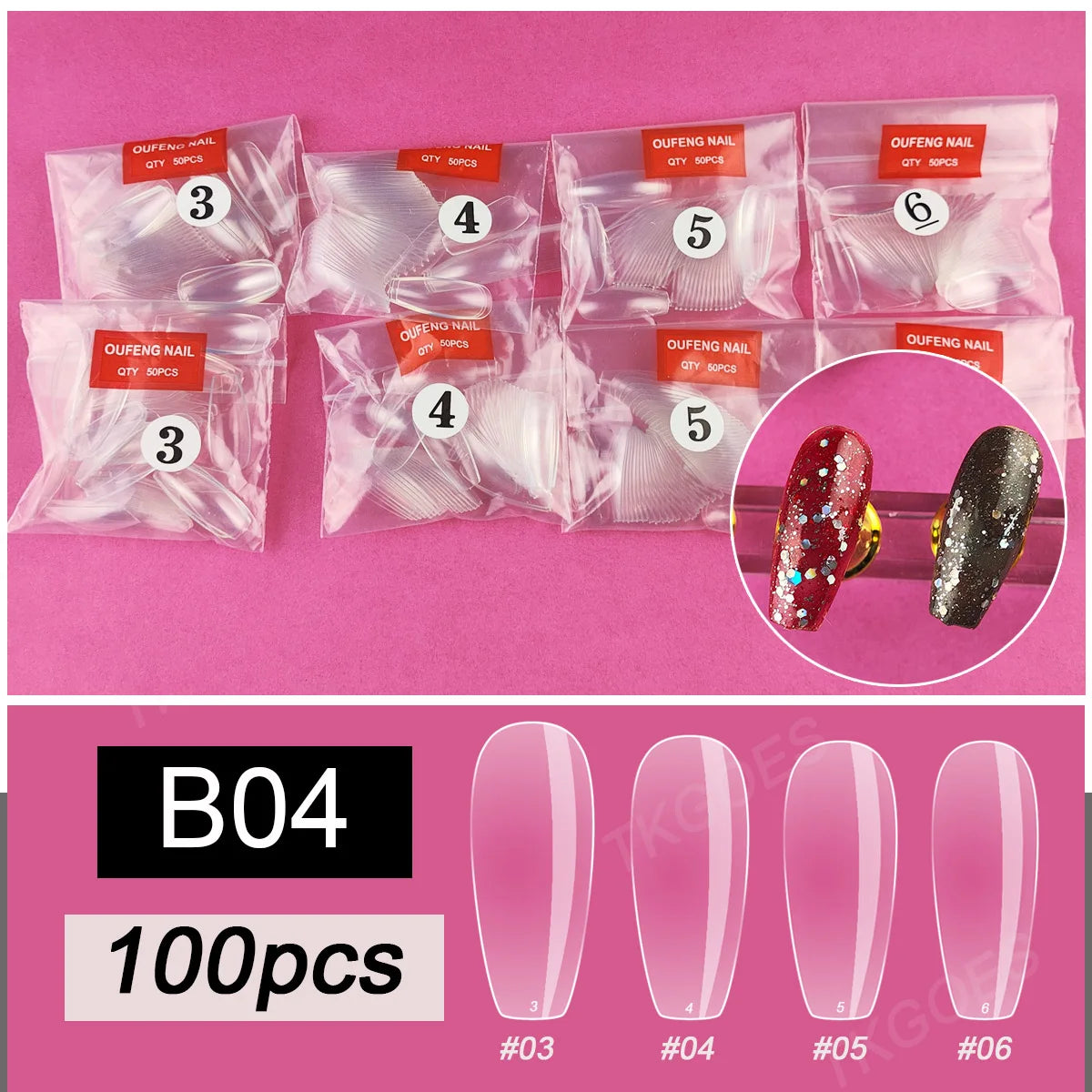 B04 Size 3 4 5 6 Middle Ballerina False Nail Tips in Single Size 100 Pieces Refill Fake Nail Tips for Drawing Polish Display