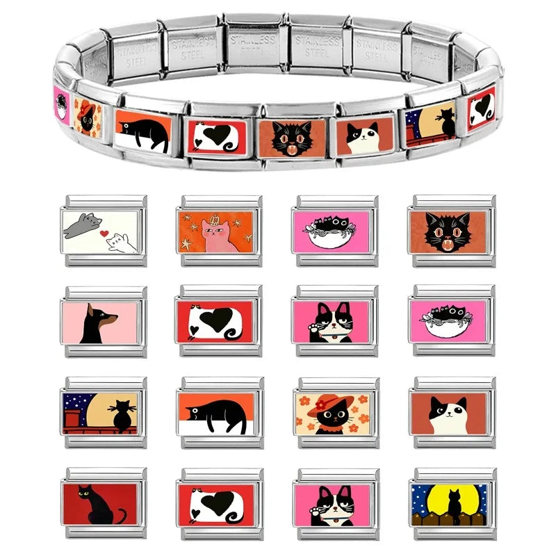 Wholesale 2025 Fashion Cute Black Cat Series Dog Pet Animals Italian Charm Fit 9mm Stainless Steel Women DIY Bracelet Jewelrys