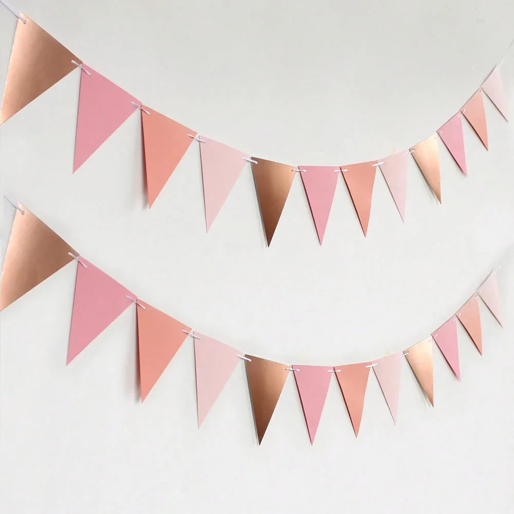 Rose Gold Triangle Paper Pennant Garland, Wedding, Birthday, Anniversary, Bridal Shower, Indoor & Outdoor Garden Party Decor
