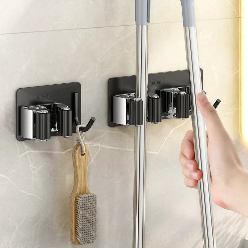 Self-Adhesive No-Drill Mop And Broom HolderStainless Steel Hooks for Kitchen Toilet Bathroom Organization Storage Solution