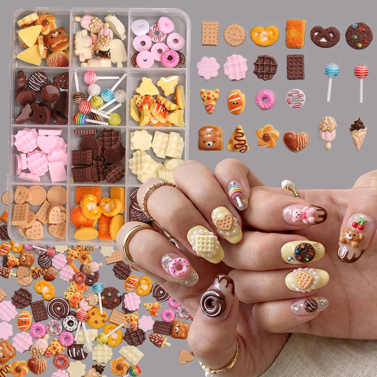 12Grids Box Sweet Dessert Nail Art Charms 3D Resin Donut Chocolate Lollipop Gems Kawaii Style for Music Festival Party DI