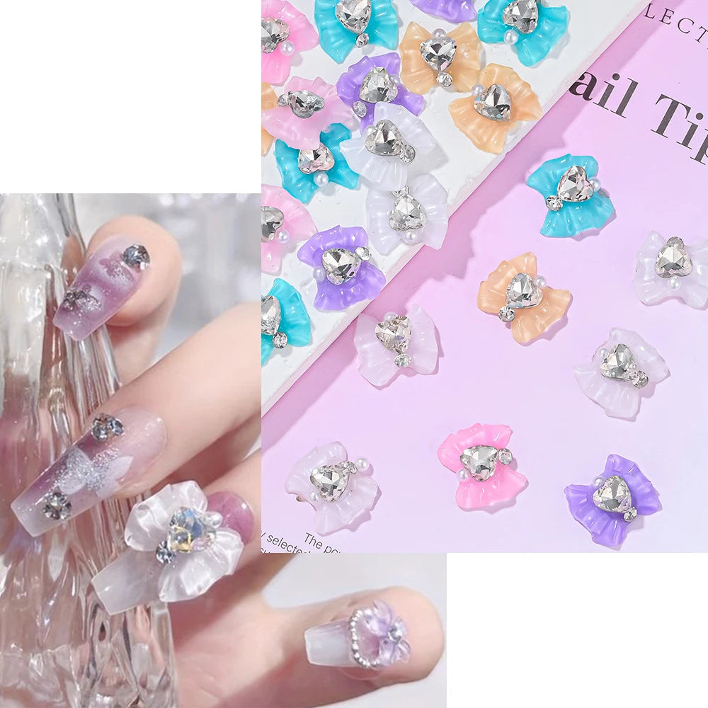 10pcs Resin Bowknots Glass Heart Diamonds Nail Charms Shiny Cute Bowknots Japanese Nail Jewelry Women Nail Art Decor Accessories