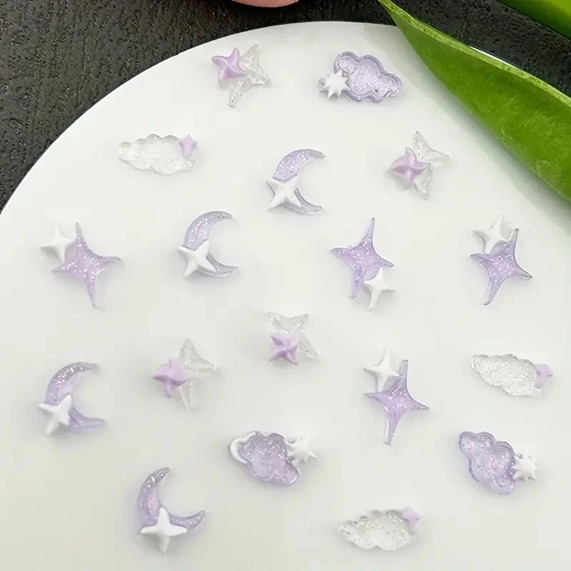 50pcs Purple Mixed 3D Moon Cloud Star Nail Charms Bulk Kawaii Lumionus Mini Ice Cloud Nail Art Decorat Accessories DIY Supplies