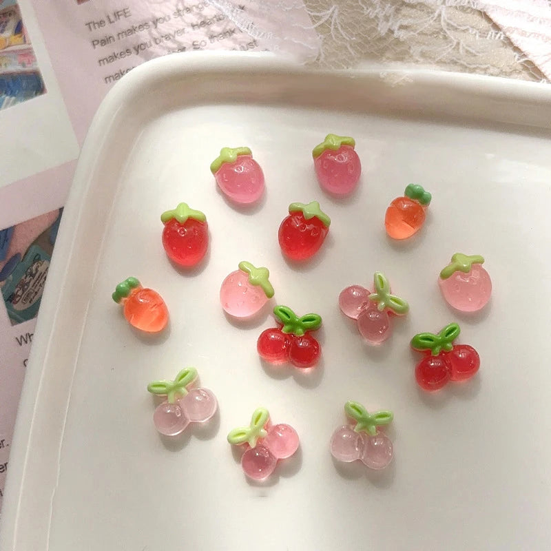 10pcs Nail Art Charms Resin Mini Cherry Strawberry Nail Art Flat Back Stone Figurines Scrapbook DIY Jewelry Decor Crafts