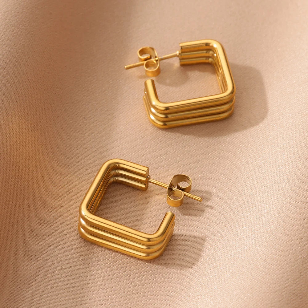 Square Stainless Steel Earrings for Women Piercing Gold Color Stud Earrings 2024 Trend Female Aesthetic Ear Jewelry aretes mujer