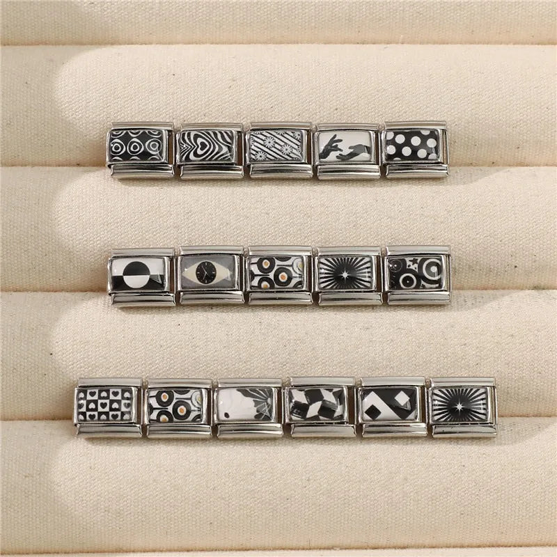 2026 Fashion Black White Round Stars Polka Point Italian Charm Links Fit 9mm Stainless Steel Bracelet Jewelry DIY Making Beads