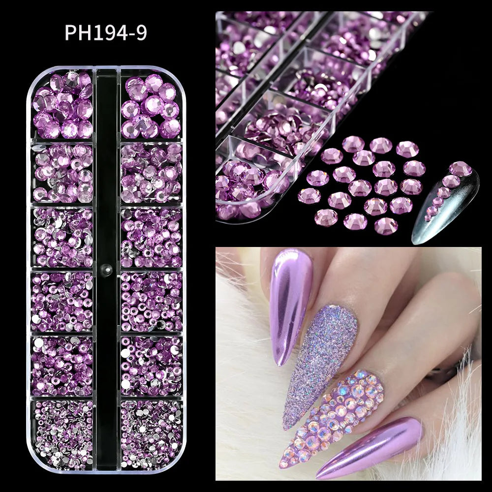 12 Grids Mixed Size Luxury Nail Rhinestones Set 3D Resin AB Crystal Round Glass Bead Gems Nail Art Charms 2mm-6mm Nail Diamond