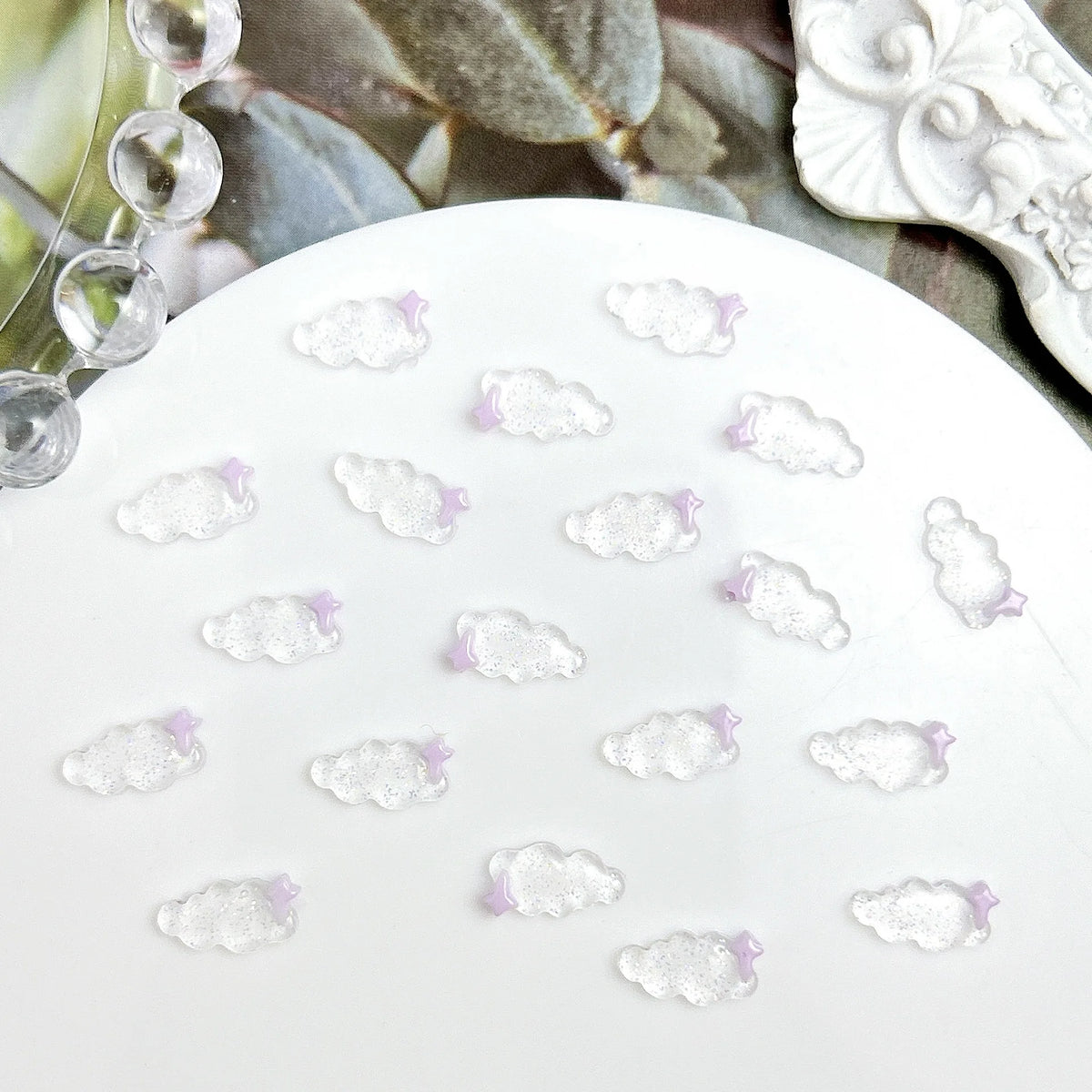 50PCS Transparent Resin Moon Cloud Nail Art Charms with White Purple Sparkling Four-pointed Star Nail Decoration DIY Nail Crafts