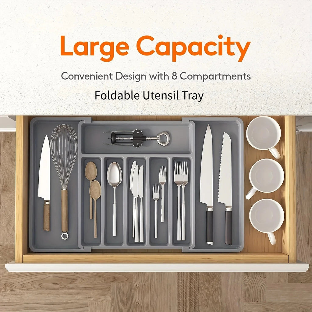 UpgradedAdjustable Plastic Cutlery Drawer Organizer Divided Storage Tray Space Saving Holder for Kitchen Knives Spoons Tableware
