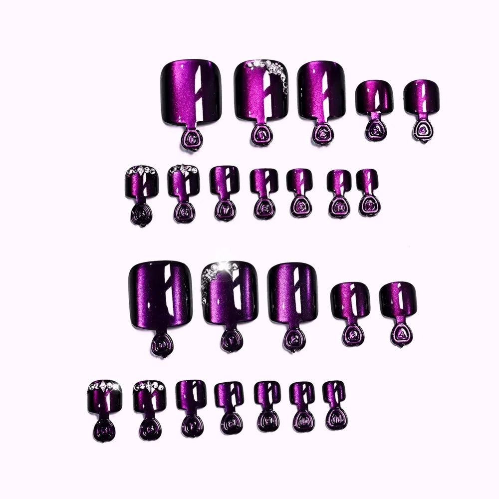 24pcs Glossy Purple Cat Eye Short Square Press On Toenails Shiny Diamond French False Toe Nails Full Cover Acrylic Toenails DR4@