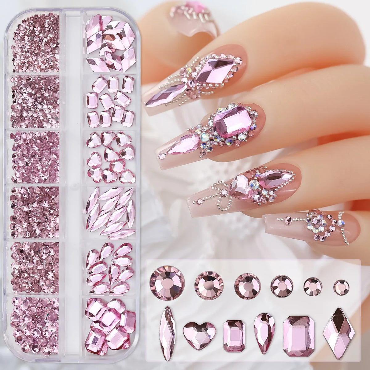 12 Grids Hot Selling Rhinestones Nail Art Charms 3D Set Multi-shapes Colorful Flatback Diamonds Nail Decoration DIY Nail Parts