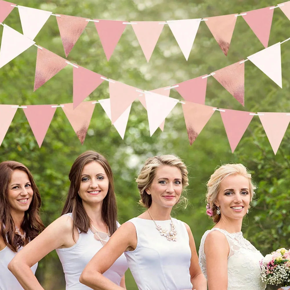 Rose Gold Triangle Paper Pennant Garland, Wedding, Birthday, Anniversary, Bridal Shower, Indoor & Outdoor Garden Party Decor