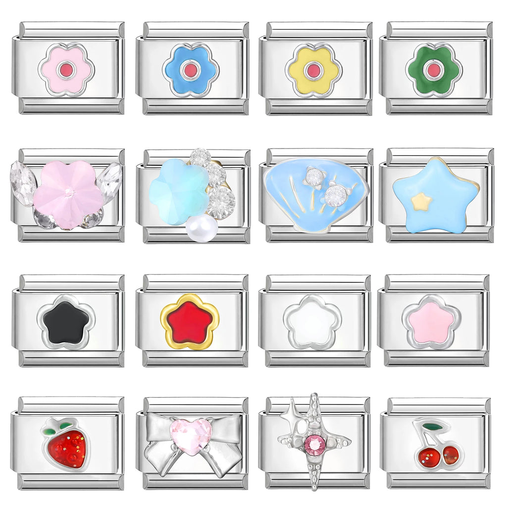 New Fashion Colorful Star Shell Bow Moon Cherry Italian Charm Links Fit 9MM Stainless Steel Bracelet Jewelry DIY Making Gift