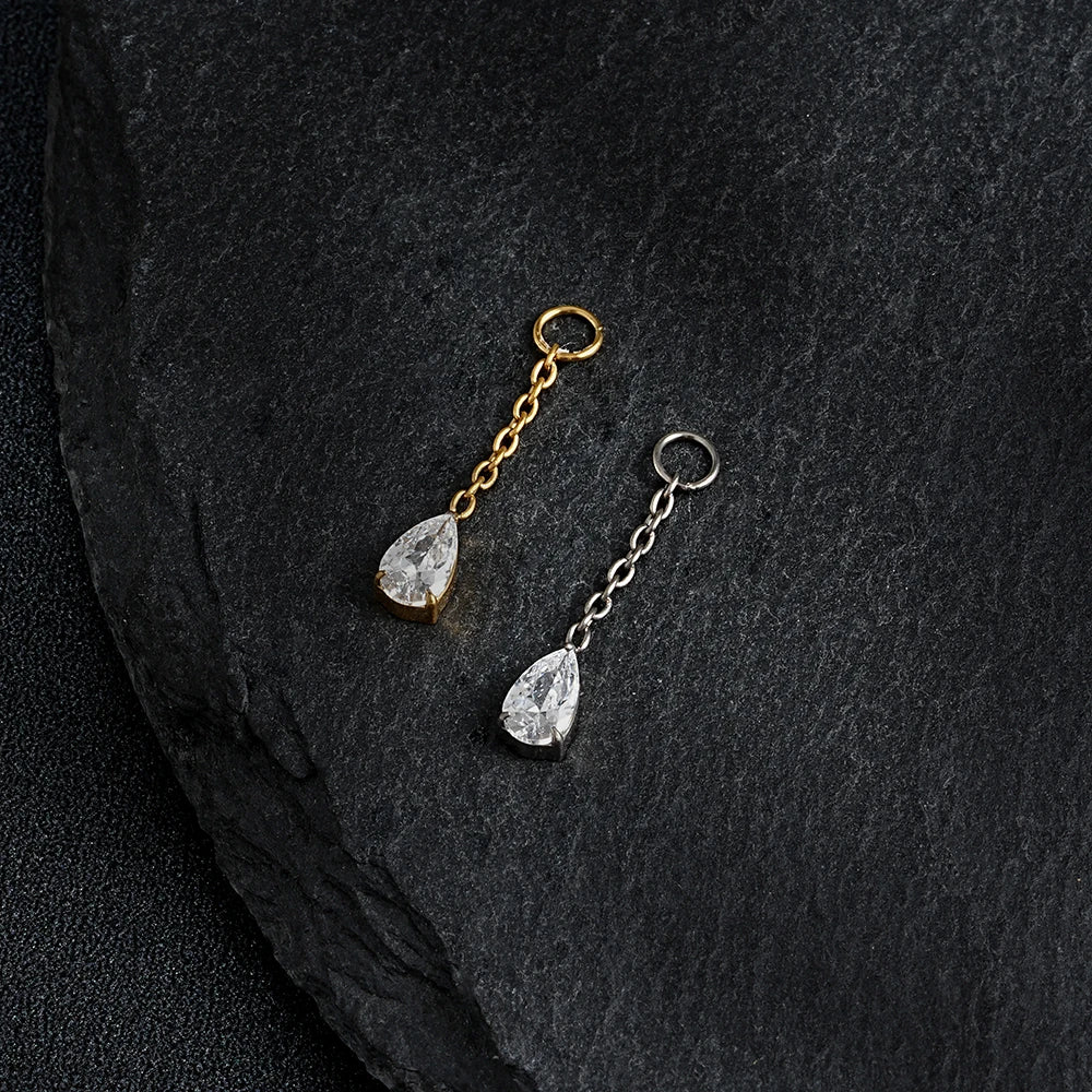 Right Grand ASTM F136 Titanium Waterdrop CZ Dangle Chain Earring Charm Pendant for Upper Lobe Clicker Piercing Jewelry