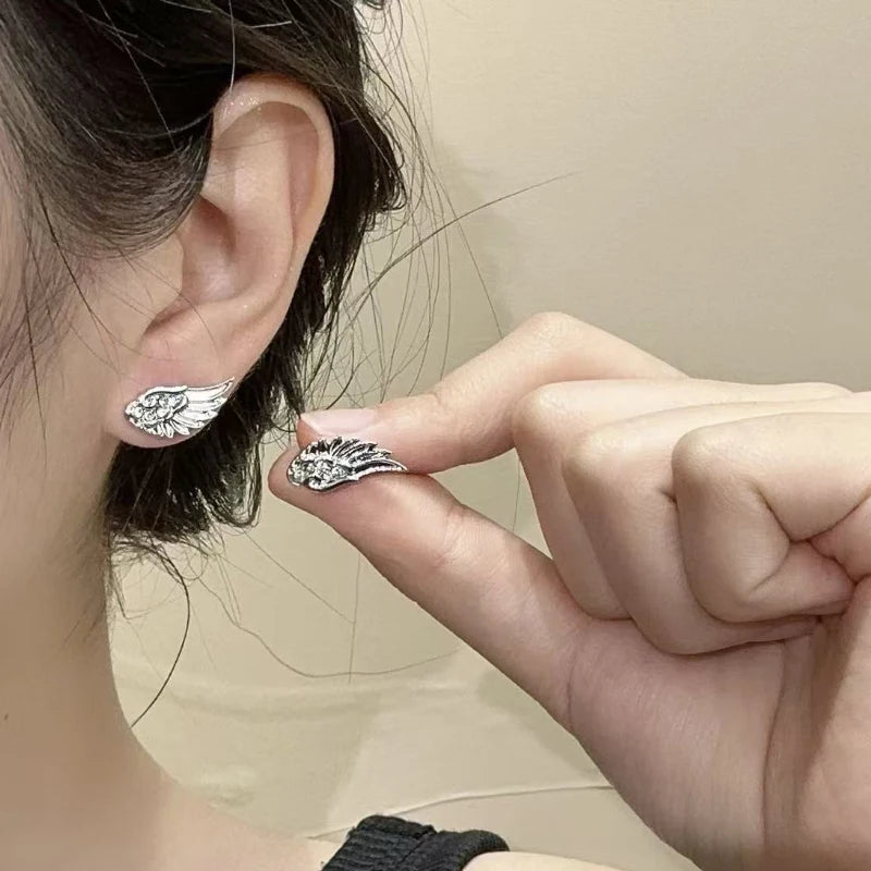 Luxury Zircon Wing Earrings Stud Fashion Women Shiny Crystal Creative Angel Wings Cross Punk Silver Color Ear Studs Jewelry Gift
