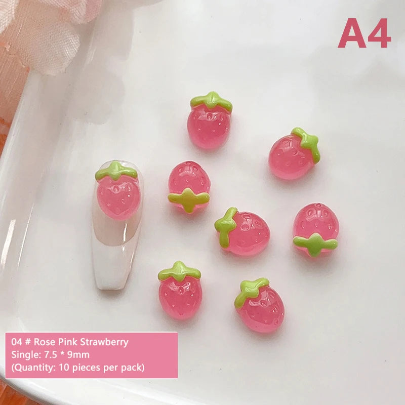 10pcs Nail Art Charms Resin Mini Cherry Strawberry Nail Art Flat Back Stone Figurines Scrapbook DIY Jewelry Decor Crafts