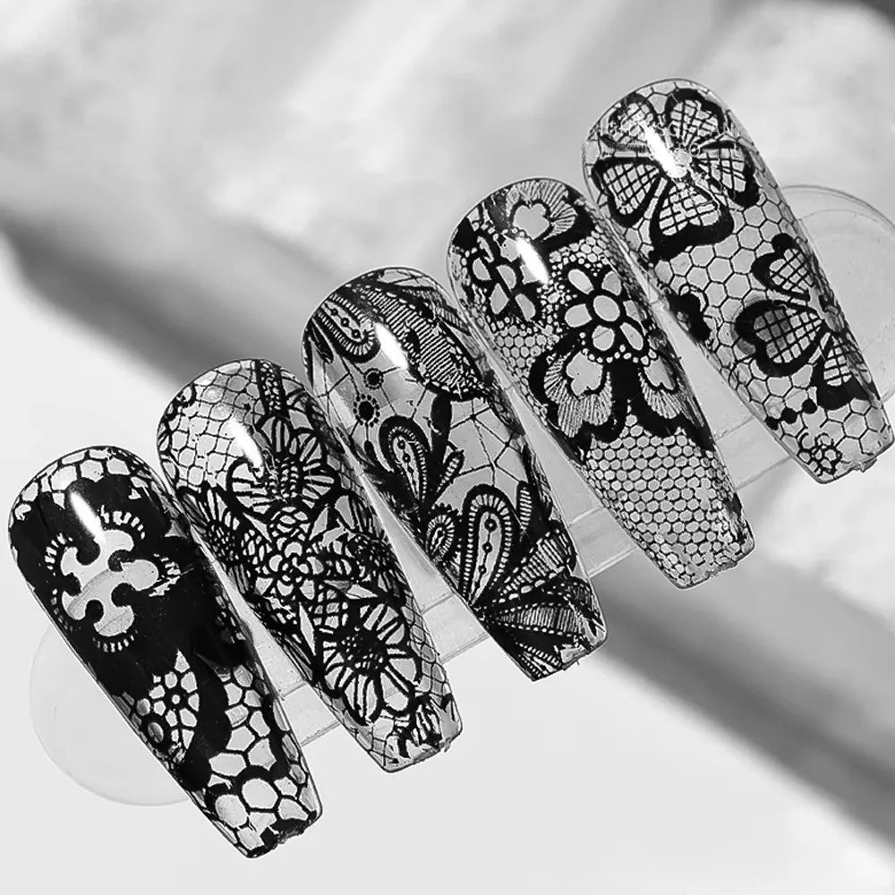 Lace Design Nail Foils Leopard Print Black White Nail Stickers Stripe Pattern Sequin Effect Nail Art Stickers Manicure DIY