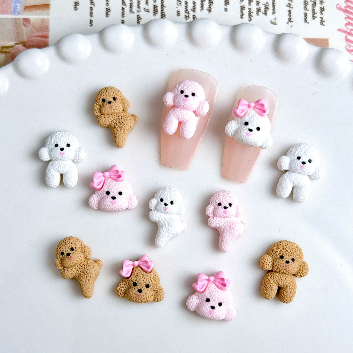 30PCS Cartoon Solid Color Bow Small Dog Nail Charms 3D Kawaii Creative Hole Puppy Nail Art Decorations for DIY Manicure Supplies