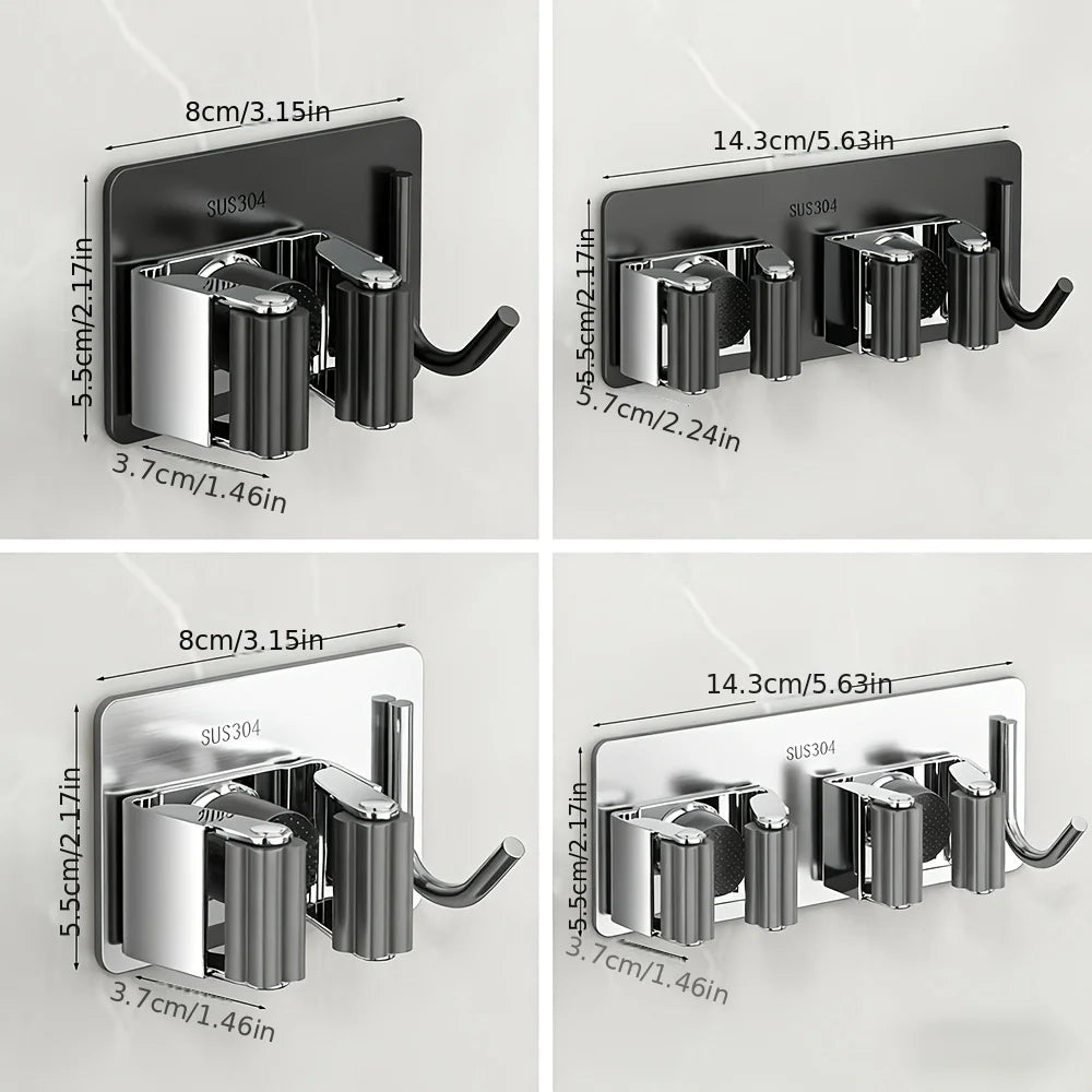 Self-Adhesive No-Drill Mop And Broom HolderStainless Steel Hooks for Kitchen Toilet Bathroom Organization Storage Solution
