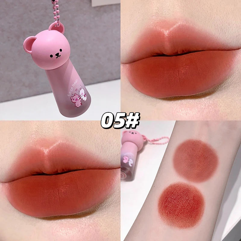 Gege Bear Cute Bear Pendant Matte Lip Glaze, Matte Velvet Lip Clay Long-lasting Color Non-drying Autum Winter Lipstick