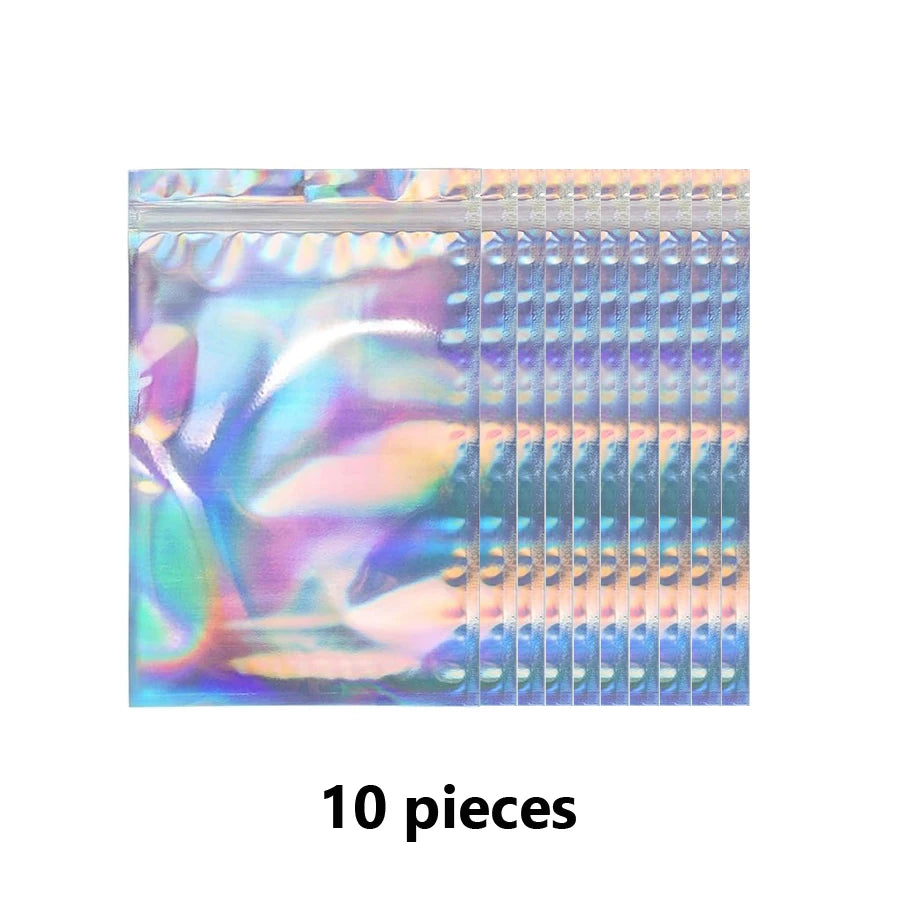 10Pcs Holographic Foil Resealable Zip Bags for Nail Rhinestones Jewelry Makeup Gel Polish Packaging Gift Pouch
