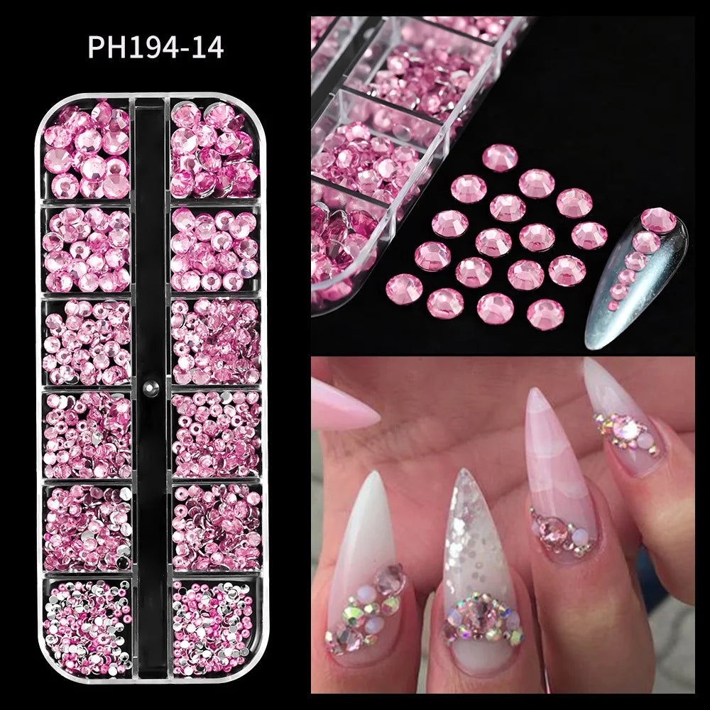 12 Grids Mixed Size Luxury Nail Rhinestones Set 3D Resin AB Crystal Round Glass Bead Gems Nail Art Charms 2mm-6mm Nail Diamond