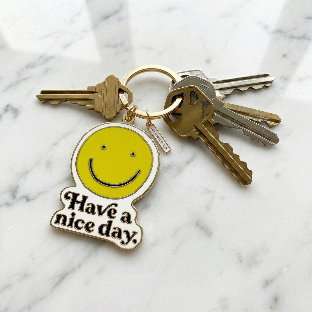 Smiley "Have a Nice Day" Brass and Enamel Keychain | Emoji Face Key Ring Holder