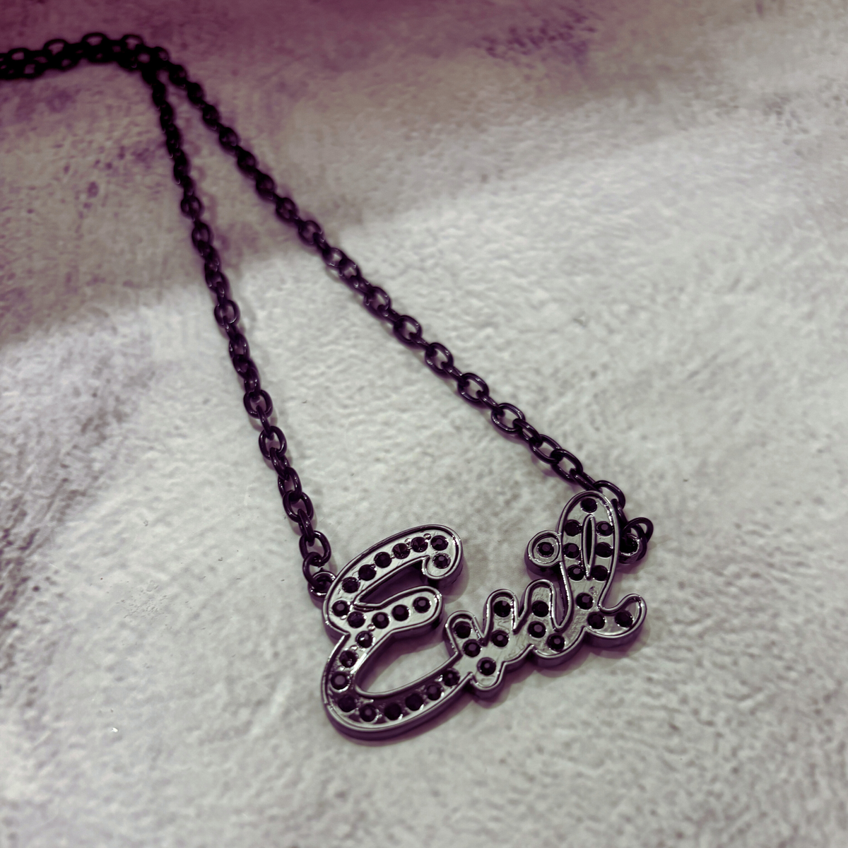 Sourpuss “Evil” Pendant Necklace with Black Rhinestones Gothic Statement Jewelry