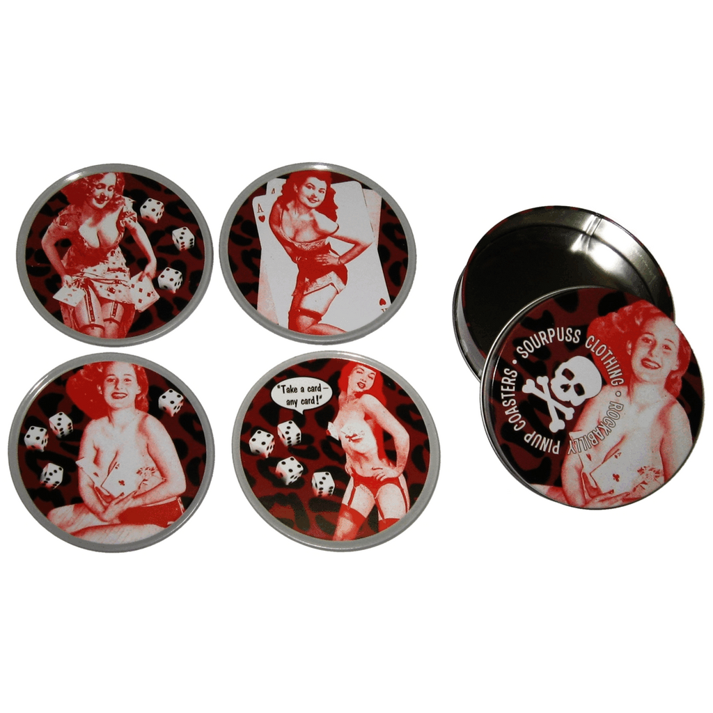 Sourpuss Nudie Coasters | Rockabilly Pin-Up Girls Set of Four | Metal & Cork Retro Drinkware with Storage Tin