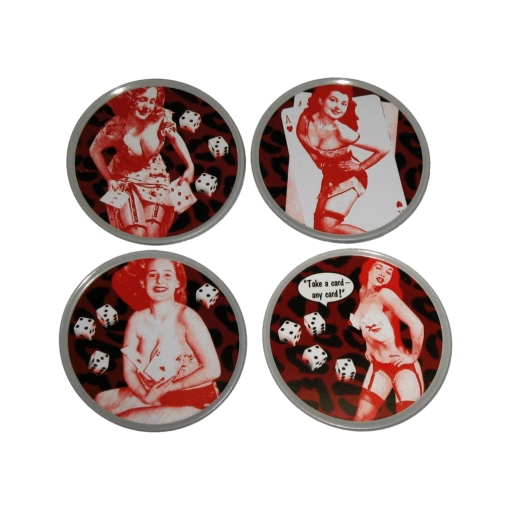 Sourpuss Nudie Coasters | Rockabilly Pin-Up Girls Set of Four | Metal & Cork Retro Drinkware with Storage Tin
