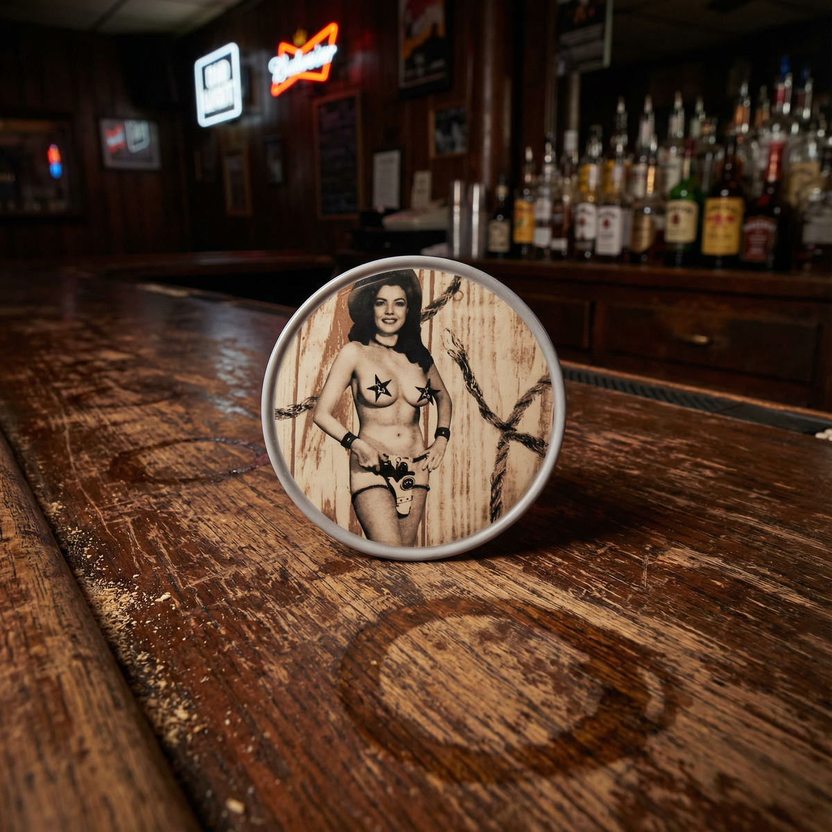 Sourpuss Nudie Coasters | Western Pin-Up Girls Set of Four | Metal & Cork Retro Round Drinkware with Tin