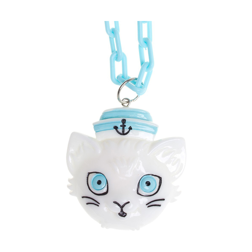 Sourpuss Oversize Sailor Cat Necklace | Chunky Retro Kitsch Cat Pendant Jewelry