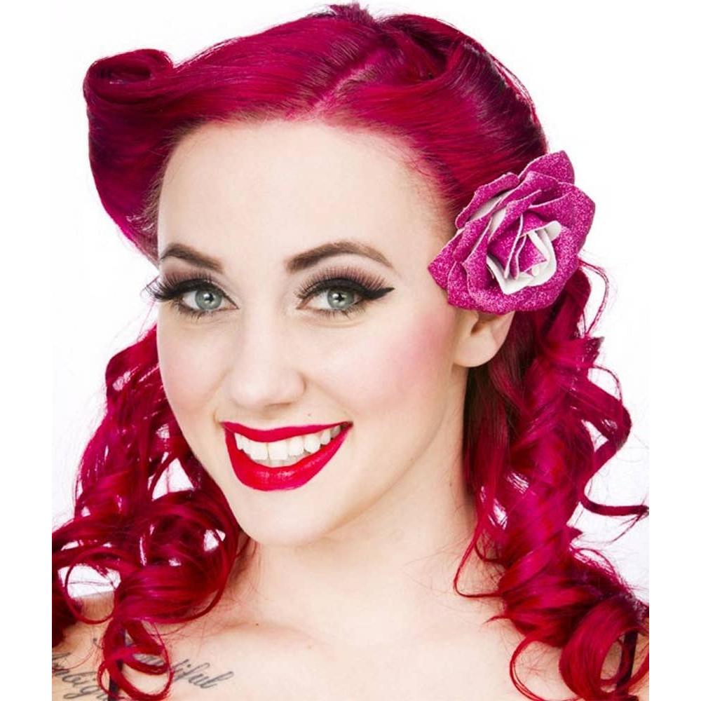 Sourpuss Pink Glittery Rose Hair Clip | Retro Rockabilly Pin-Up Sparkly Hair Accessory