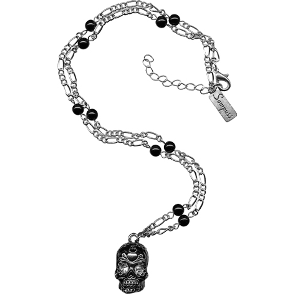 Sourpuss Silver Skull Pendant Necklace | Sugar Skull with Rhinestone Eyes – Clear & Purple Options