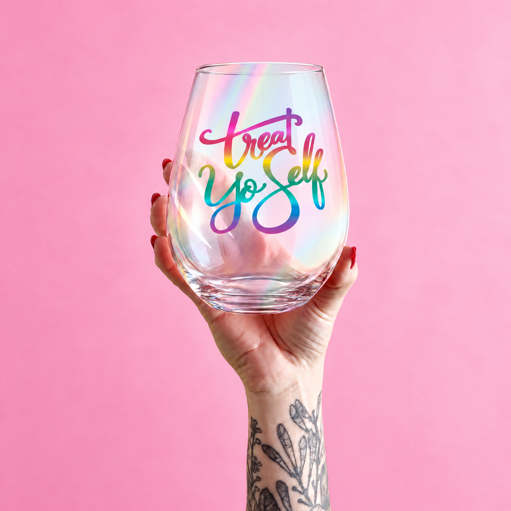 Treat Yo Self Jumbo Stemless Wine Glass in Rainbow Colors | 30 Oz. | Holds an Entire Bottle of Wine