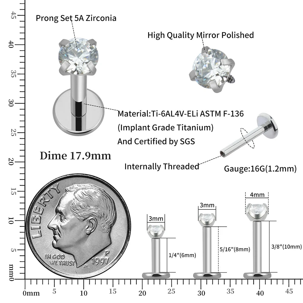 Right Grand ASTM F136 Titanium CZ Gem Internally Threaded Labret Monroe Lip Ring Tragus Nail Helix Earring Stud 16G 6/8/10mm Bar