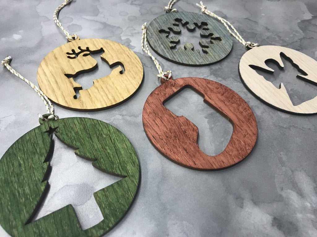 Christmas Ornament Set of 5 - Tree, Reindeer, Stocking, Snowflake, Angel