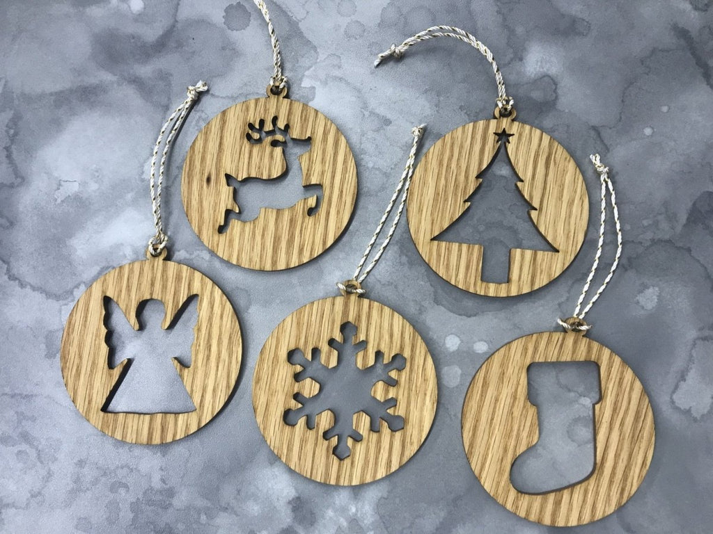Christmas Ornament Set of 5 - Tree, Reindeer, Stocking, Snowflake, Angel