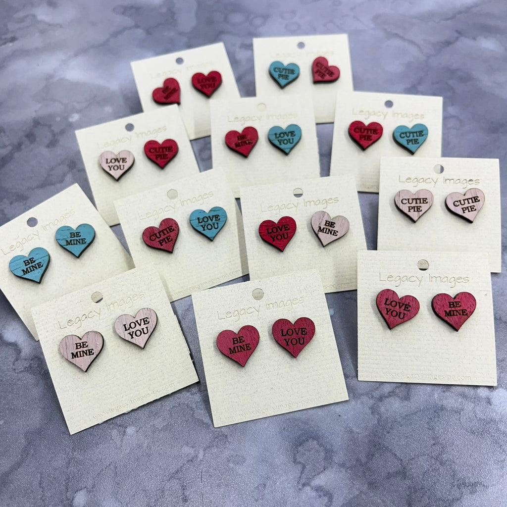 Valentine Conversation Heart Earrings, Wood Stud Earrings