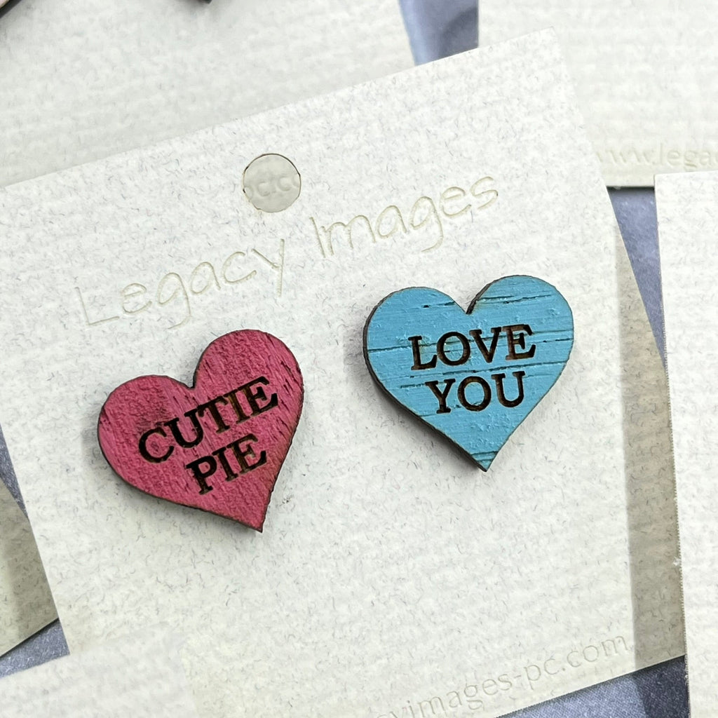 Valentine Conversation Heart Earrings, Wood Stud Earrings