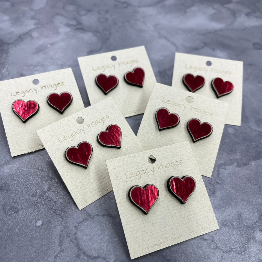 Valentine Red Heart Earrings, Wood Stud Earrings